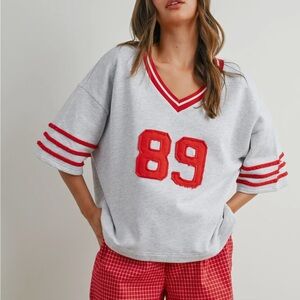 Gray and Red V-Neck Sports Jersey Top